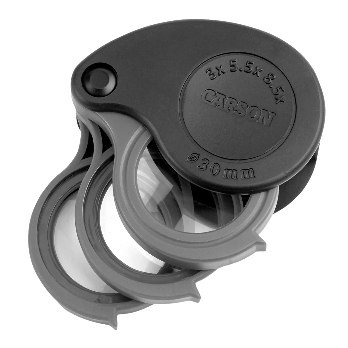 Lupa Dobrável Carson TriView 3×/5.5×/8.5× com Estojo Integrado