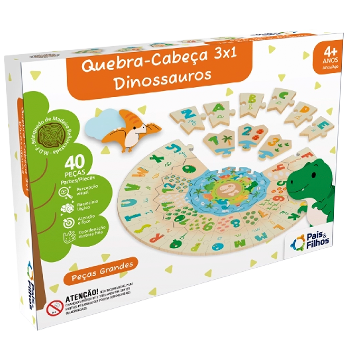 Quebra-Cabeça Dinossauros 3 em 1 de 40 Peças (+4)