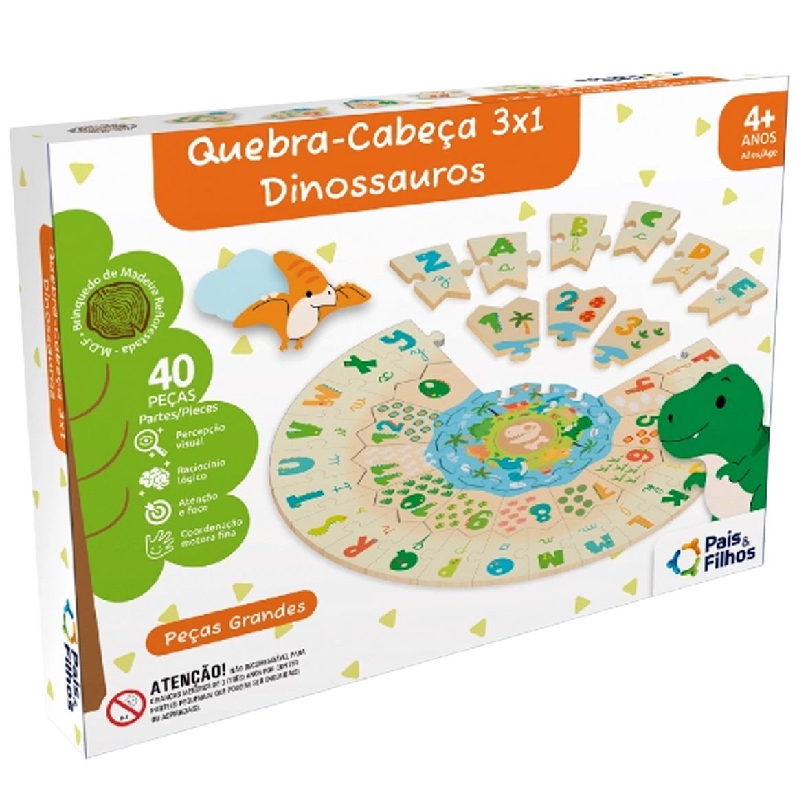 Quebra-Cabeça Dinossauros 3 em 1 de 40 Peças (+4)