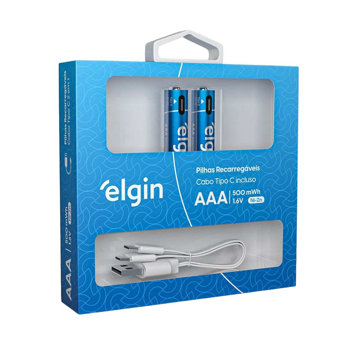 Pilhas Alcalinas Elgin AAA Recarregável USB-C 1200 mAh e Cabo USB