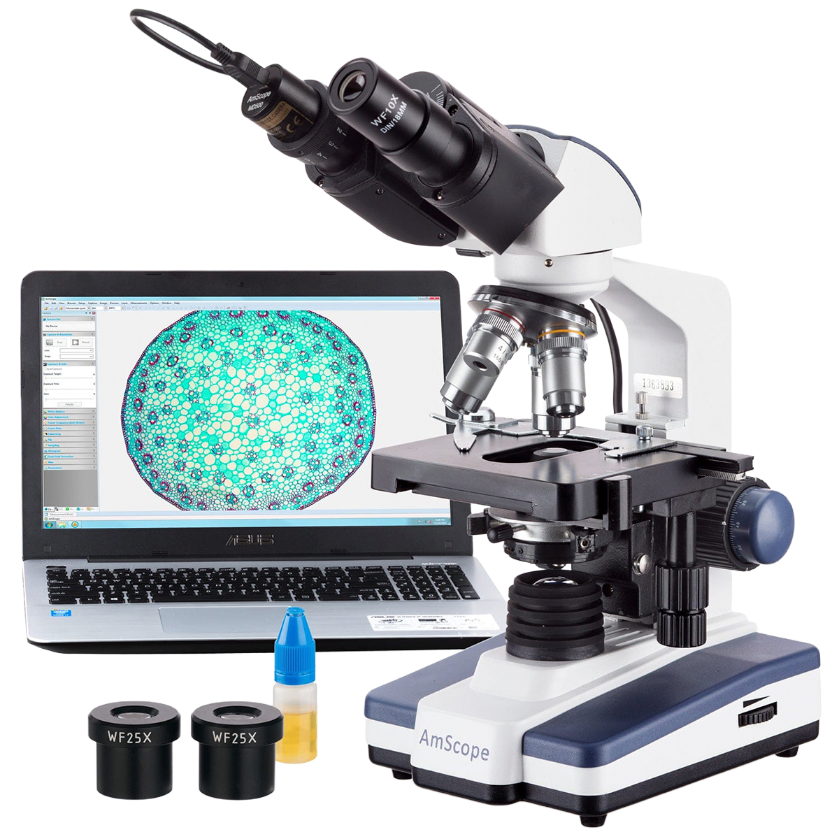 Microscópio Binocular Composto AmScope 40X-2500X com Câmera USB 3D de 0.3MP 