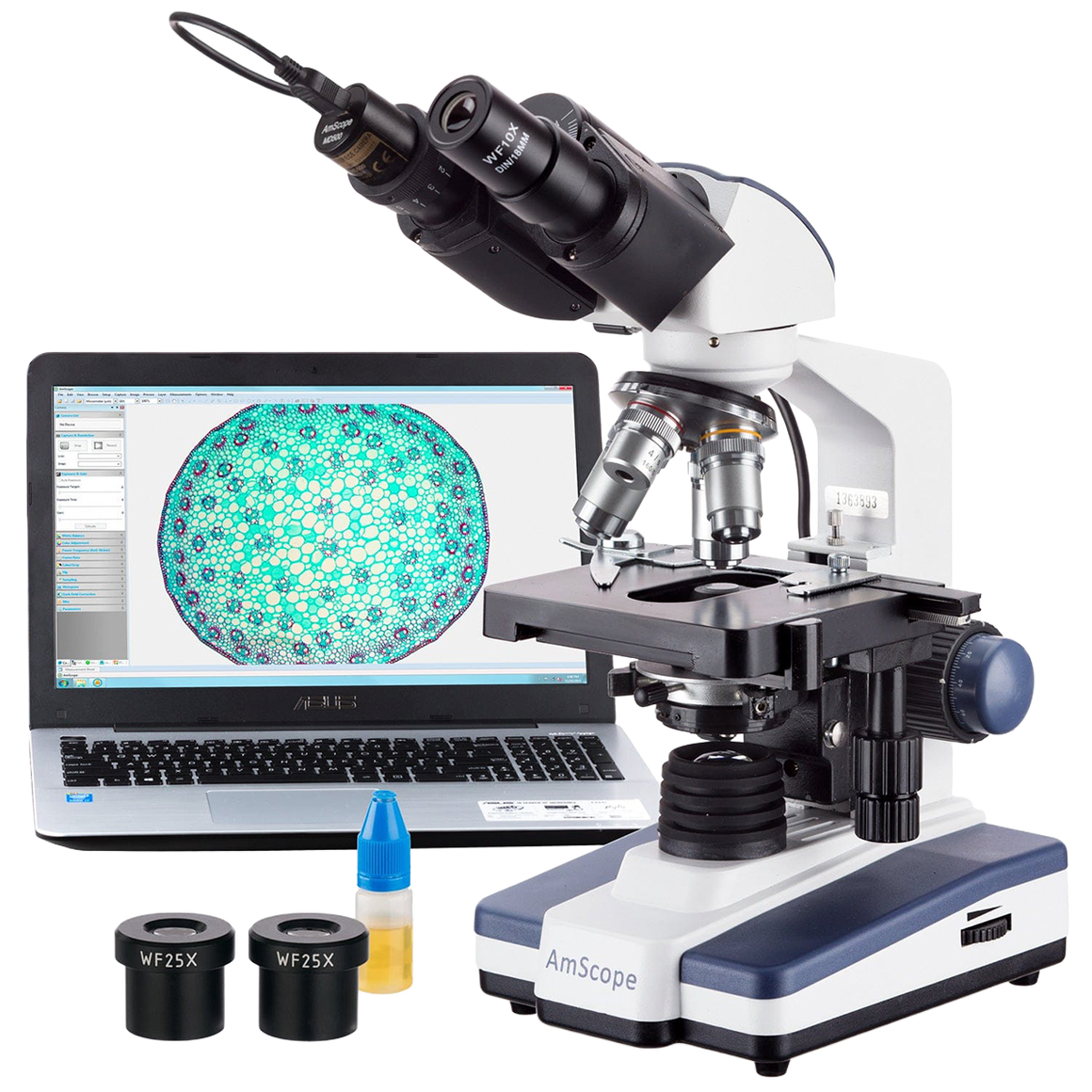 Microscópio Binocular Composto AmScope 40X-2500X com Câmera USB 3D de 0.3MP 