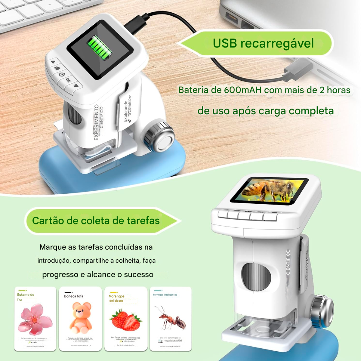 Microscópio Infantil 1200X Portátil de Bolso Digital com Tela de 2" Função Foto/Vídeo Recarregável para EstudanteS (+12)