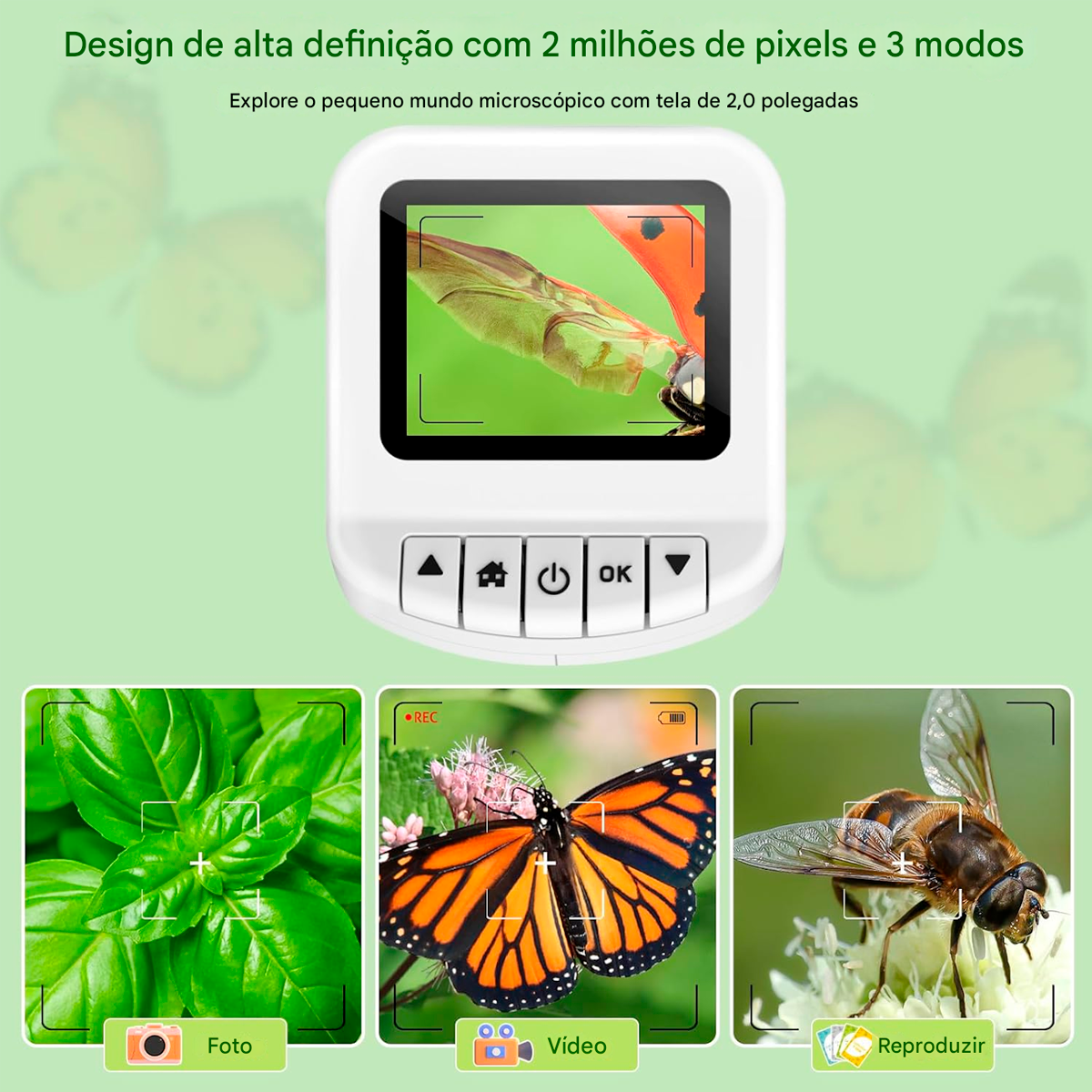 Microscópio Infantil 1200X Portátil de Bolso Digital com Tela de 2" Função Foto/Vídeo Recarregável para EstudanteS (+12)