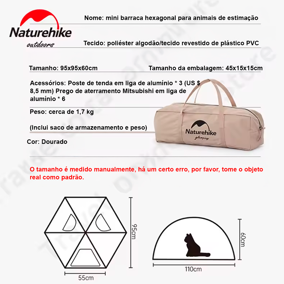 Naturehike Mini Tenda Hexagonal para Animais de Estimação Autossustentável de Algodão Respirável À Prova D 'Água Portátil para Cães e Gatos