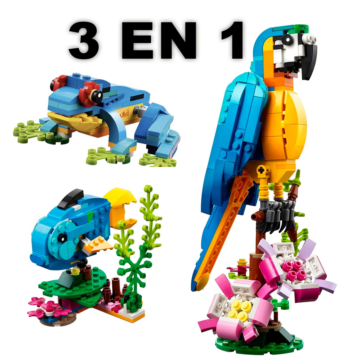 Papagaio Exótico 3 em 1 – Conjunto de Construção de Animais com Blocos Transformáveis (+6)