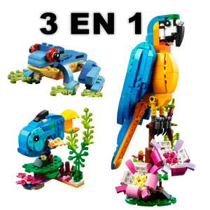 Papagaio Exótico 3 em 1 – Conjunto de Construção de Animais com Blocos Transformáveis (+6)