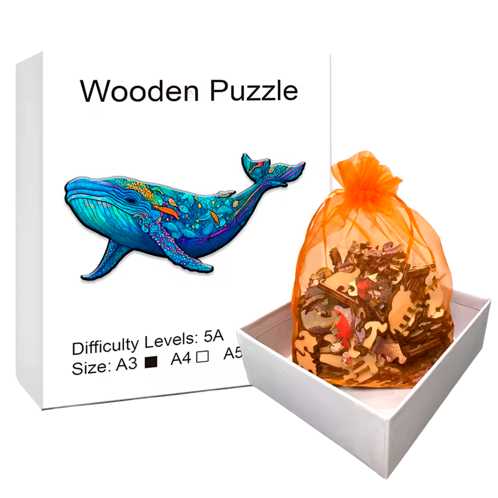 Quebra-Cabeça de Madeira da Baleia Azul com Arte Zentangle com Peças em Formato de Animais (+15)