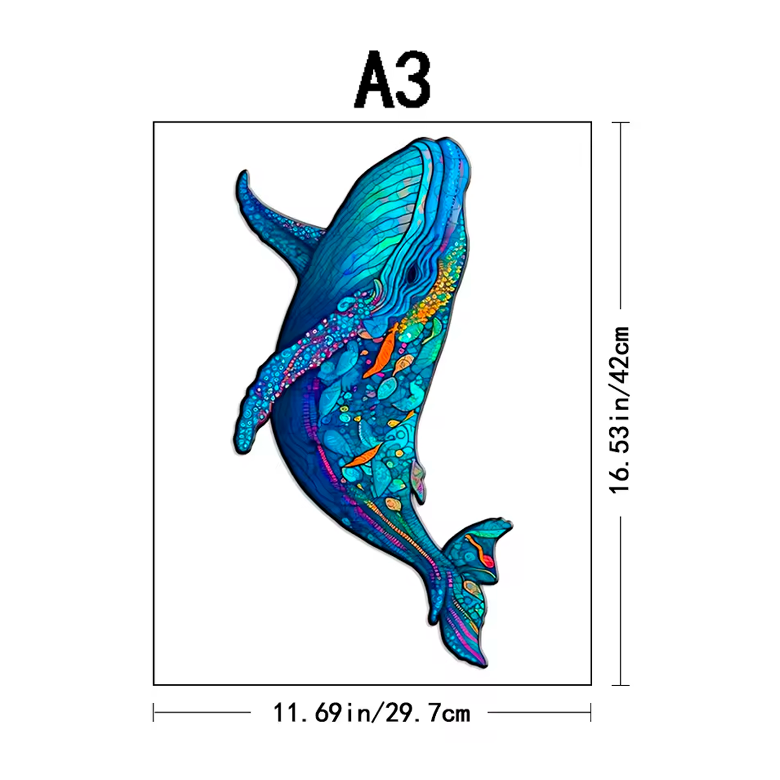 Quebra-Cabeça de Madeira da Baleia Azul com Arte Zentangle com Peças em Formato de Animais (+15)