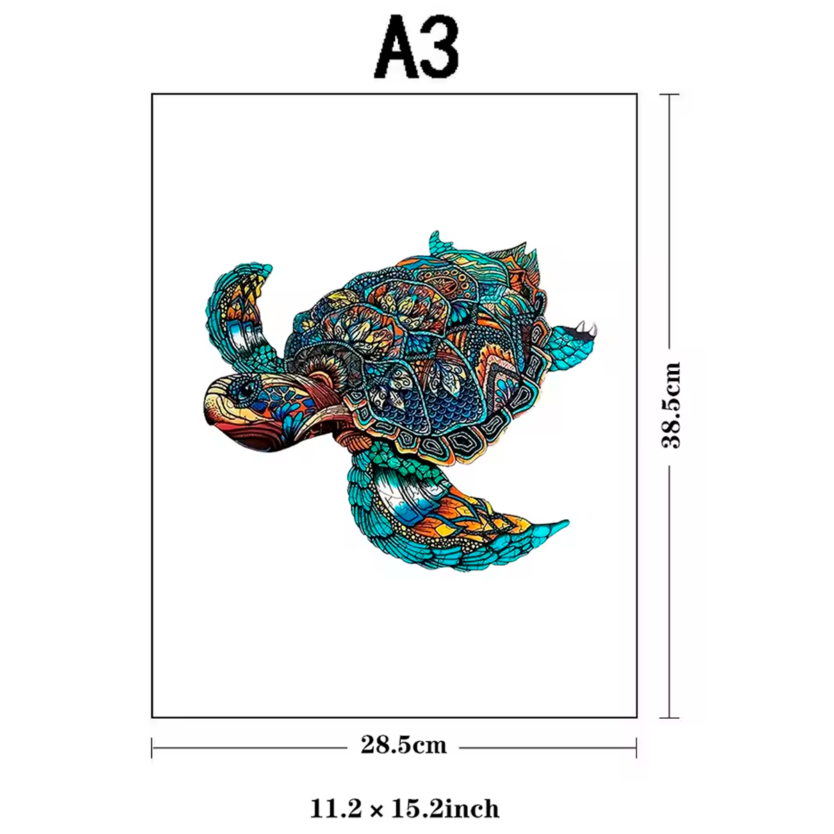 Quebra-cabeça de Madeira de Tartaruga com Arte Zentangle Incluindo Peças em Formato de Animais (+15)