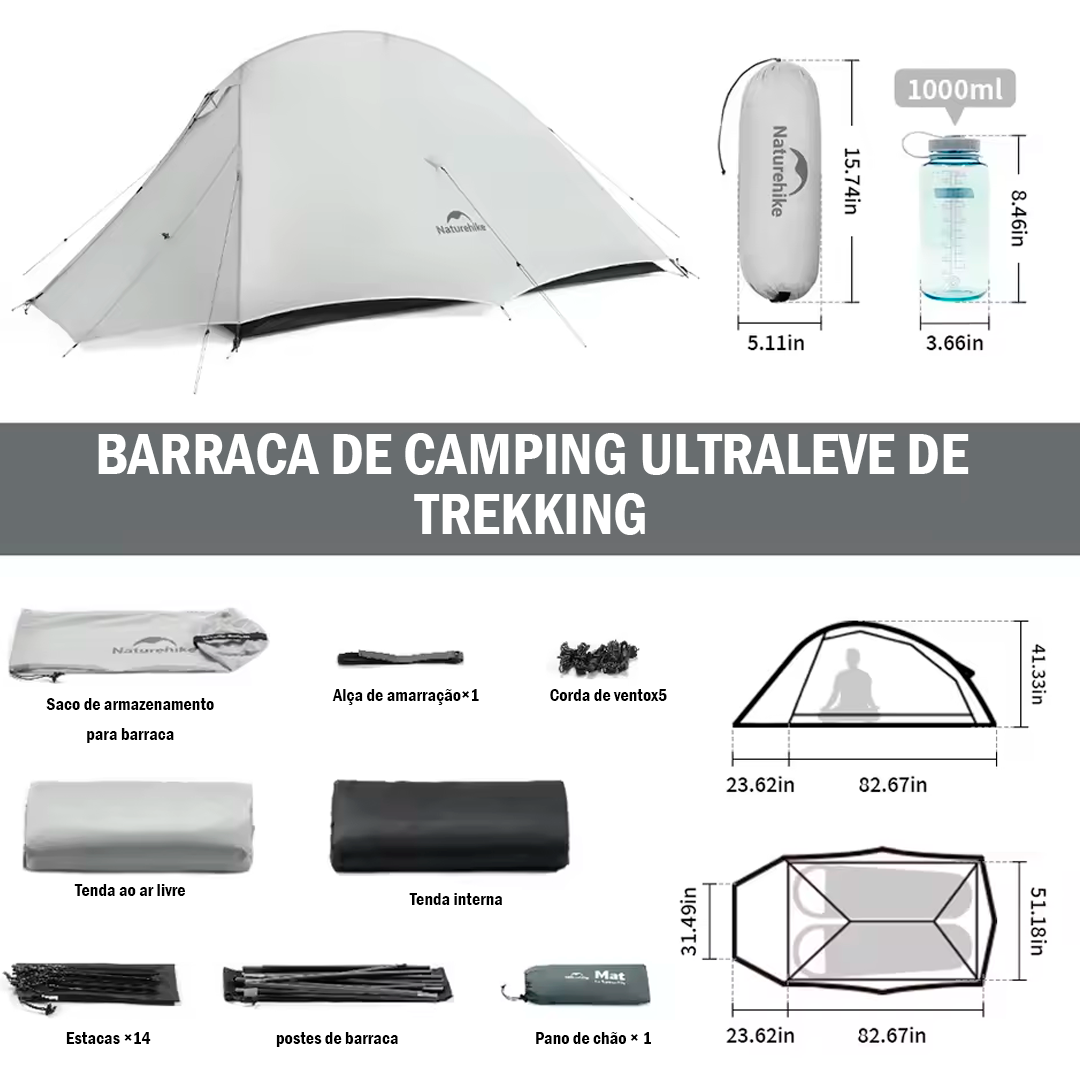 Tenda Naturehike Cloud Up 15D Ultraleve para 2 pessoas, à Prova d'água, Configuração Rápida e Espaçosa