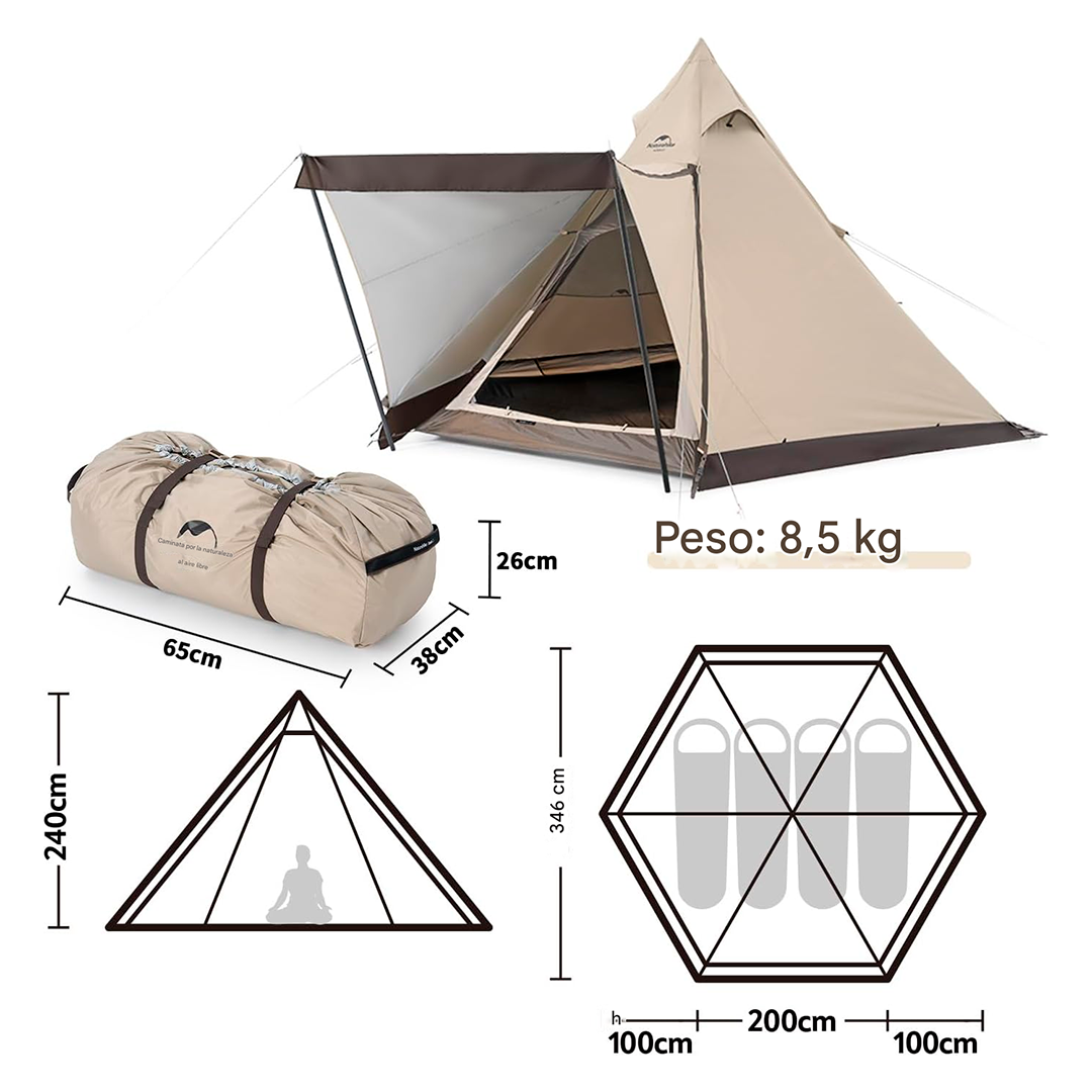 Tenda de Campanha Naturehike Hexagonal Pyramid com Faldão para 4-6 Pessoas