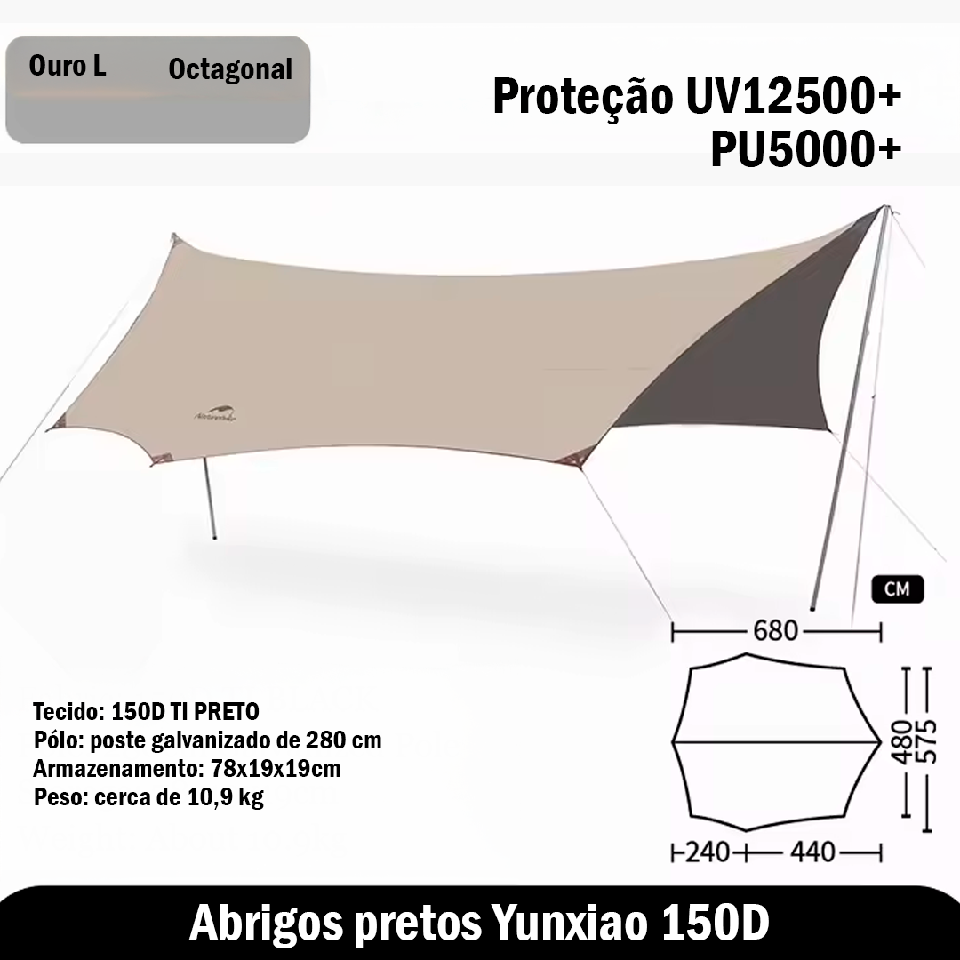 Tenda de Sombra Naturehike para 8-12 Pessoas Impermeável com Revestimento Preto 150D para Camping e Praia
