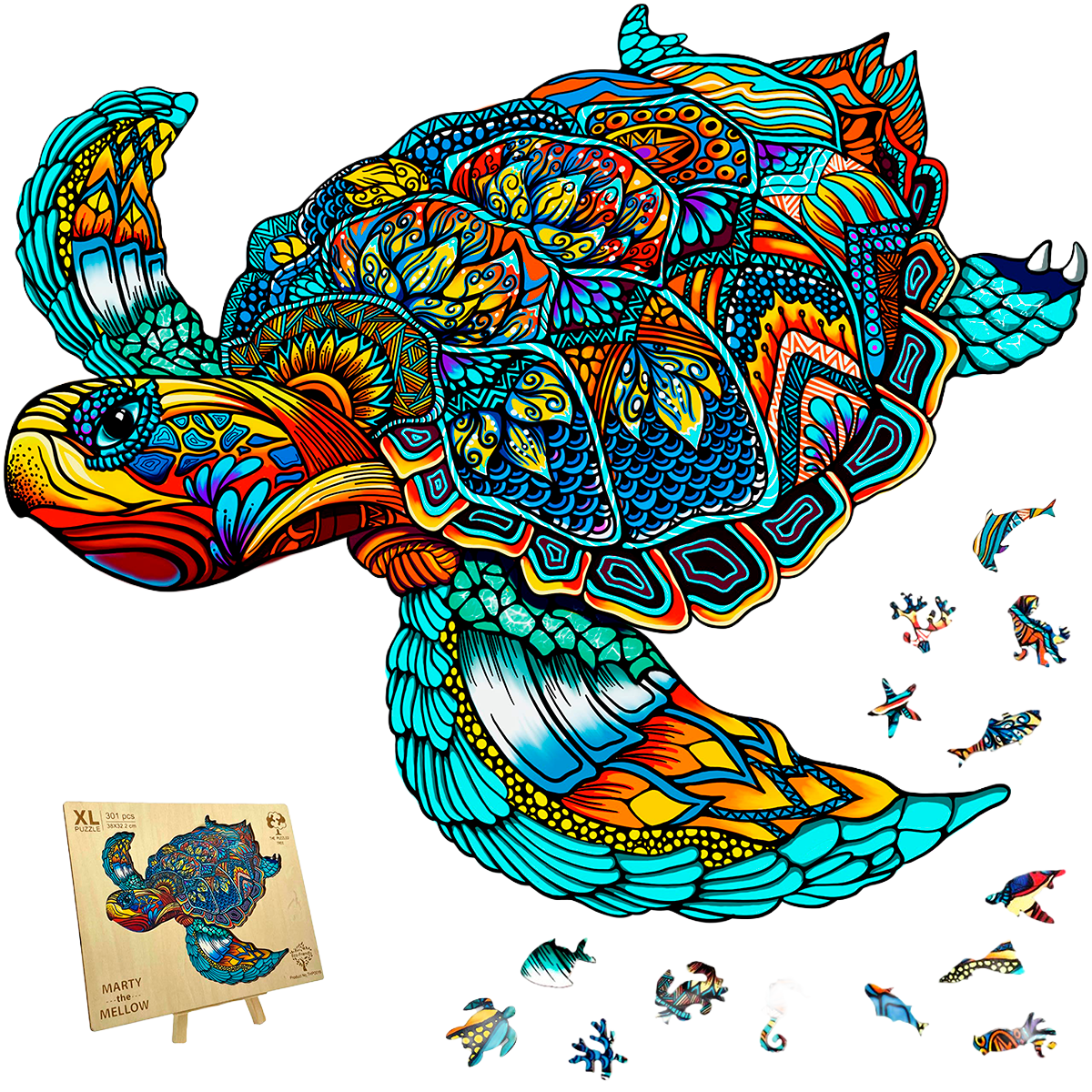 Quebra-cabeça de Madeira de Tartaruga com Arte Zentangle Incluindo Peças em Formato de Animais (+15)