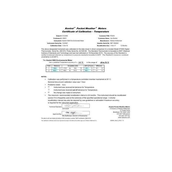 Certificado de Calibração NIST para Kestrel